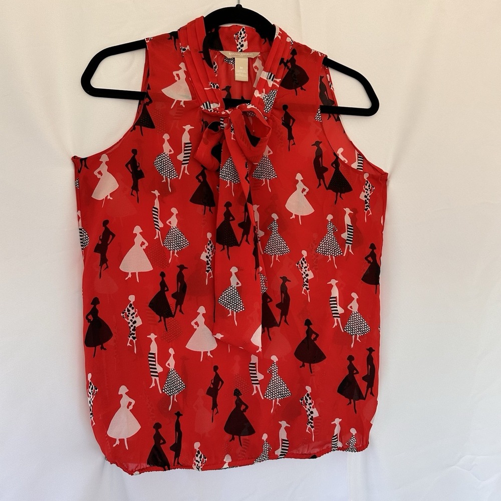 Banana Republic Pussybow Blouse Sz M Red Black Fashion Lady Sheer‎ Boho Chic Top